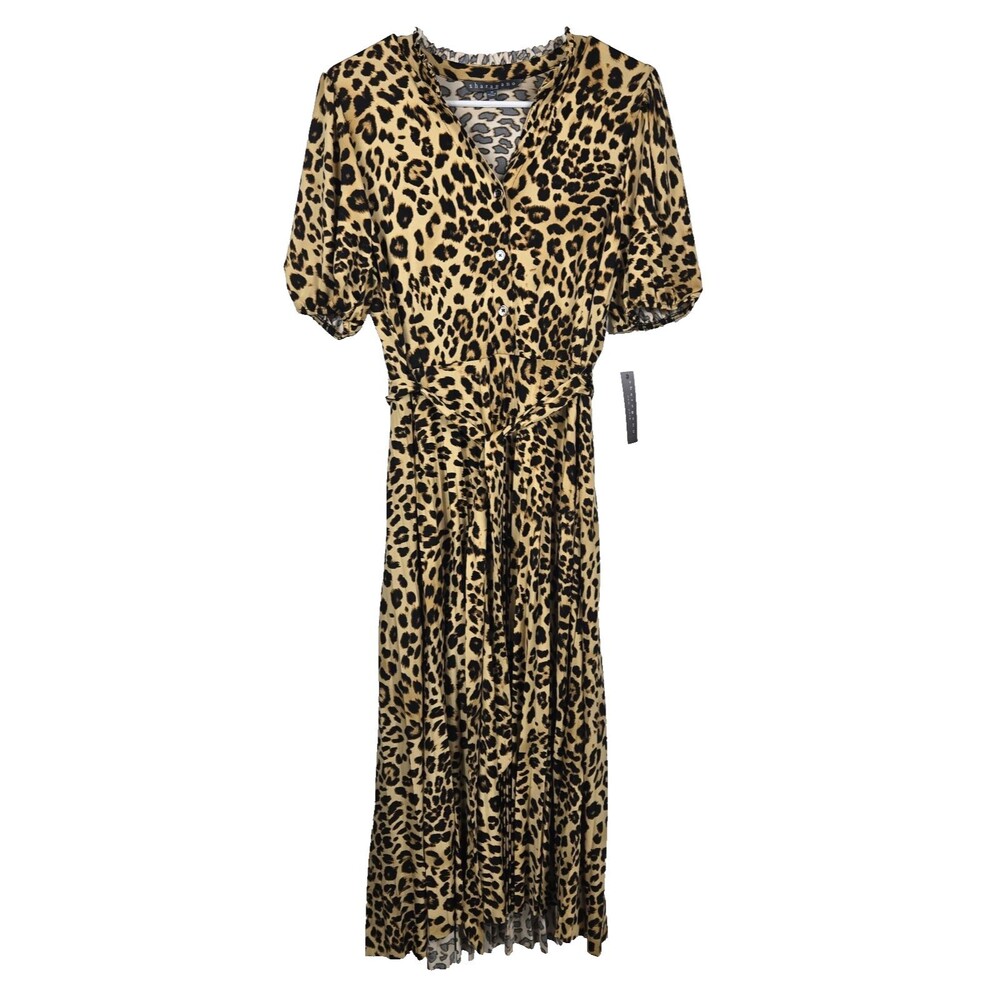 Sharagano Women's Size 10 Leopard Print Pleated Ruffled‎ Tie Waist Dress NWT